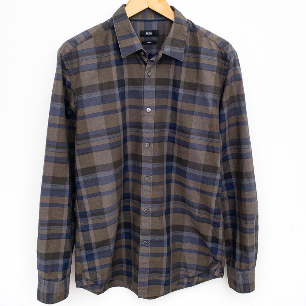 Hugo Boss Mens Slim Fit Plaid Long Sleeve Button Down Dress Shirt Size Large